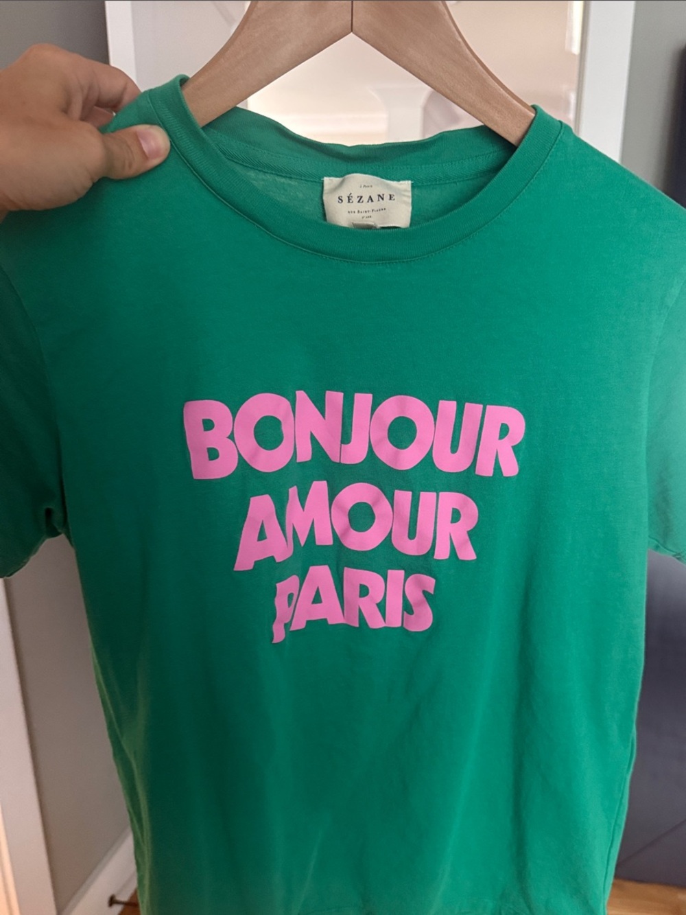 Sezane Green Tee with Pink "Bonjour Amour Paris" Graphic
